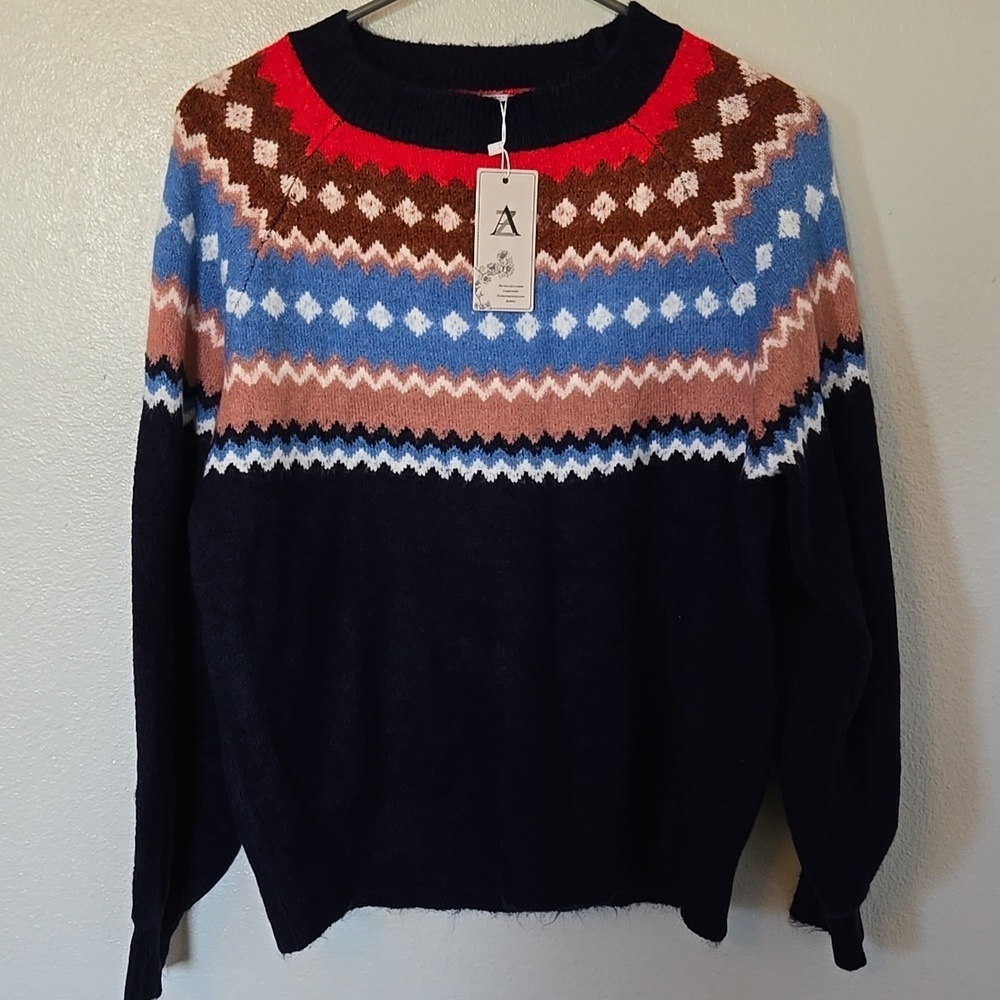 AZ | Navy Fair Isle Crew Neck Sweater Size Medium NWT